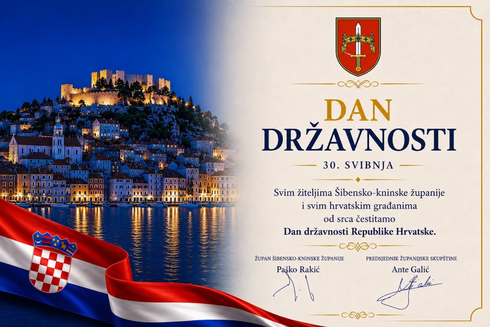 Povodom Dana državnosti Republike Hrvatske, župan Šibensko-kninske županije Paško Rakić i predsjednik Županijske skupštine Ante Galić upućuju iskrene čestitke svim stanovnicima Šibensko-kninske županije i svim hrvatskim građanima.