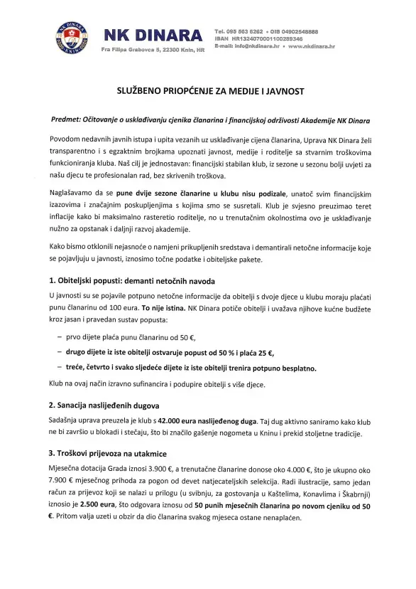 NK DINARA SLUŽBENO PRIOPĆENJE ZA MEDIJE I JAVNOST - Objava.hr 