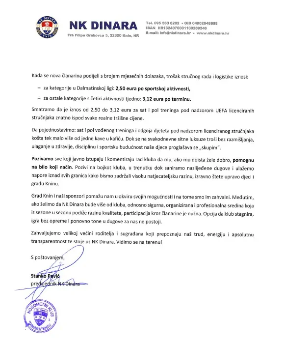 NK DINARA SLUŽBENO PRIOPĆENJE ZA MEDIJE I JAVNOST - Objava.hr 