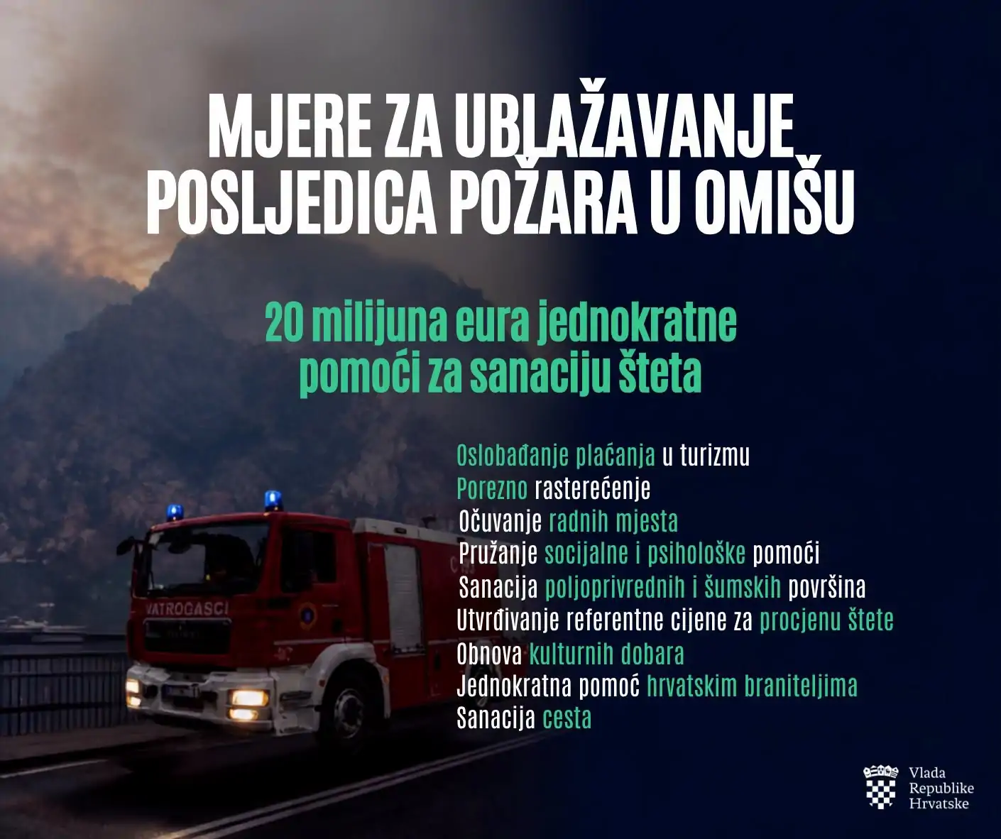 Vlada Republike Hrvatske donijela je odluku o odobrenju 20 milijuna € za ublažavanje i sanaciju posljedica požara na području grada Omiša.