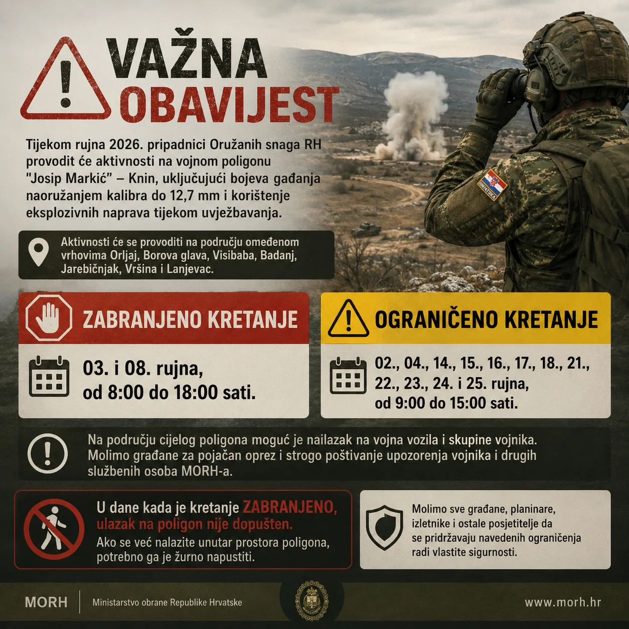 VAŽNA OBAVIJEST – OGRANIČENO KRETANJE NA VOJNOM POLIGONU „JOSIP MARKIĆ“