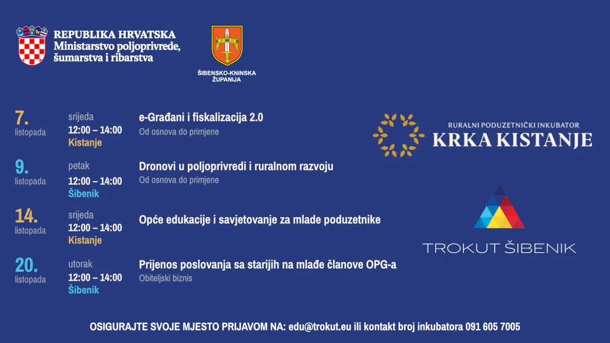 Besplatne edukacije za mlade poduzetnike i članove OPG-ova u Šibensko-kninskoj županiji